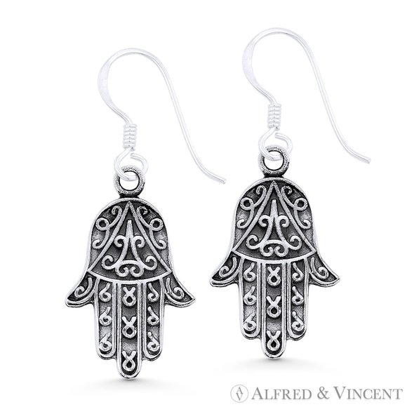 Hamsa Hand Evil Eye Luck Charm Dangling Earrings in Oxidized 925 Sterling Silver - Picture 1 of 1